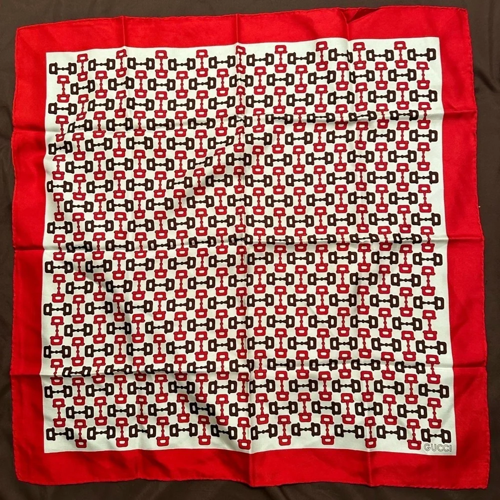 COPY - Gucci Large Scarf horsebit pattern Red Beige 60x60cm Silk Vintage
